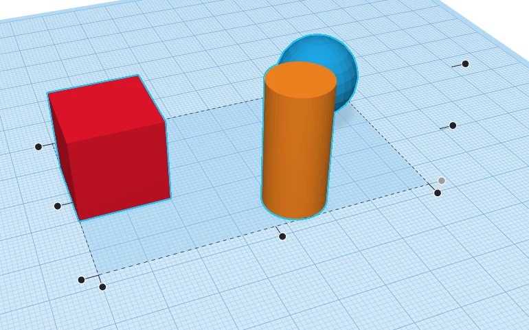 Align mode in ScottiCAD: a box, cylinder and sphere selected inside a dashed bounding box, with black alignment dots along each edge.
