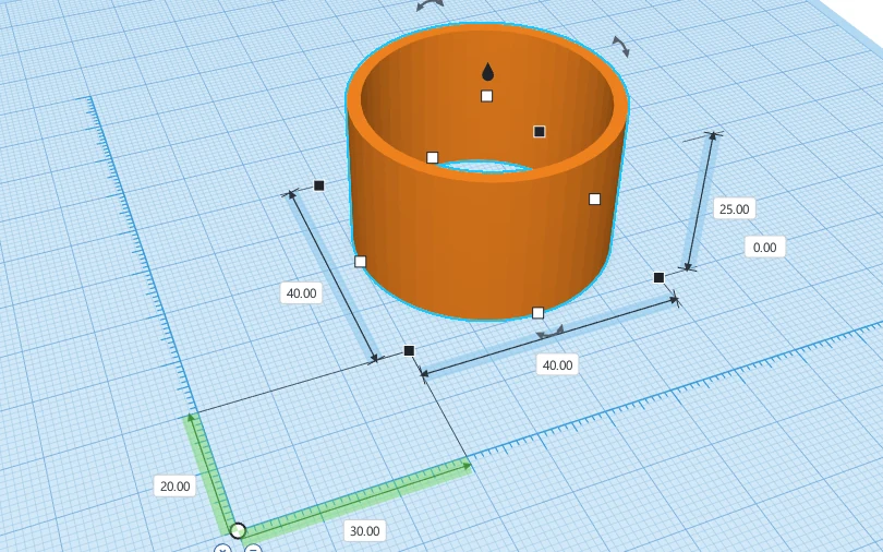 An orange tube selected next to the Ruler tool, with dimension labels reading 40.00, 25.00, 20.00 and 30.00 millimetres.