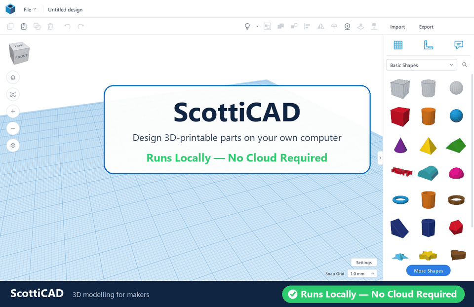 ScottiCAD in action: shapes are dragged onto the workplane, resized with handles, turned into holes, grouped, recoloured, and finished with 3D text.