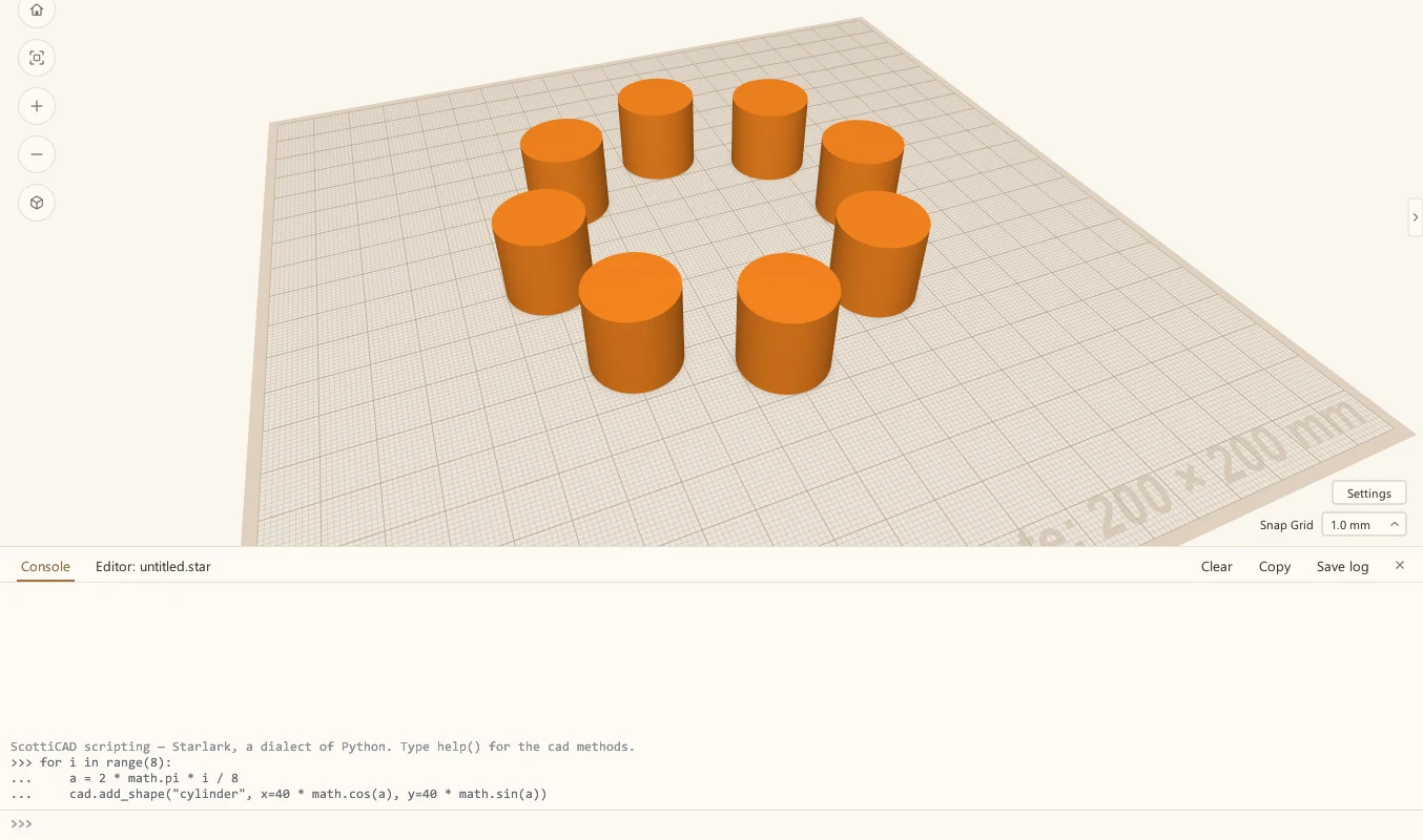 The Scripting console in ScottiCAD: a three-line loop typed at the prompt has placed a ring of eight orange pegs on the build plate.