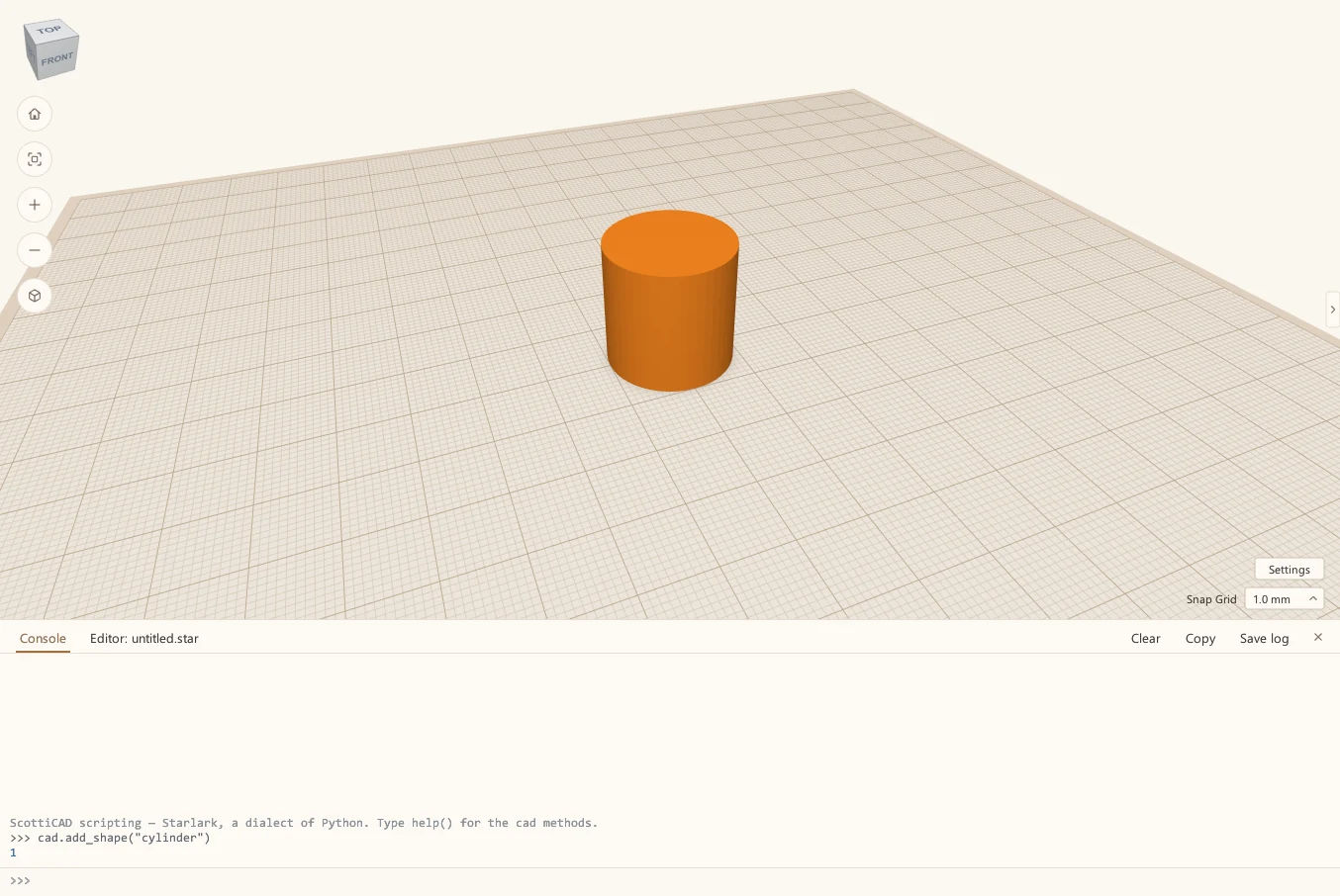 ScottiCAD with the Scripting console open: the line cad.add_shape("cylinder") at the prompt, the result 1 below it, and an orange cylinder on the build plate.