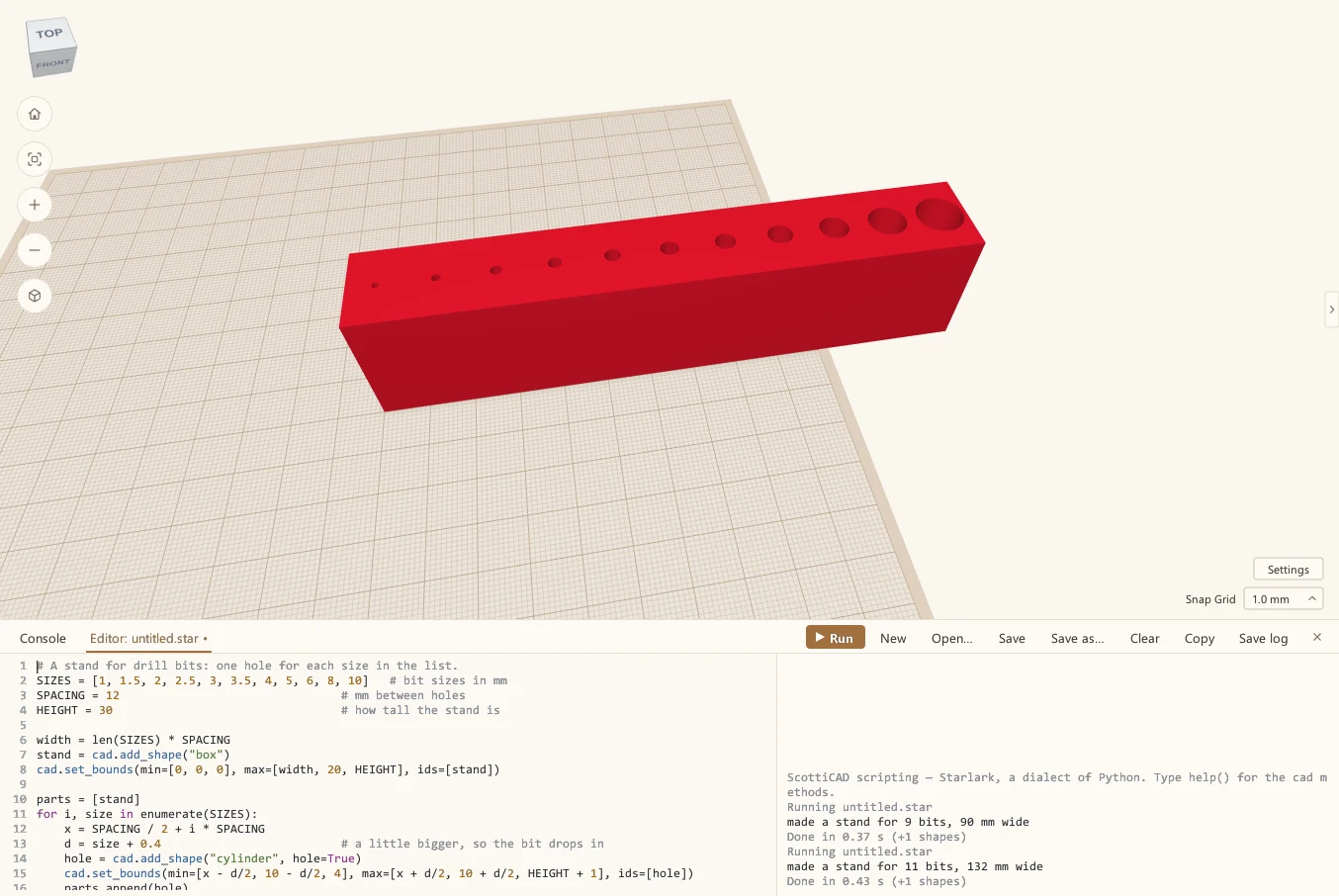 A longer, taller red stand with eleven holes, and the edited settings in the Editor below.