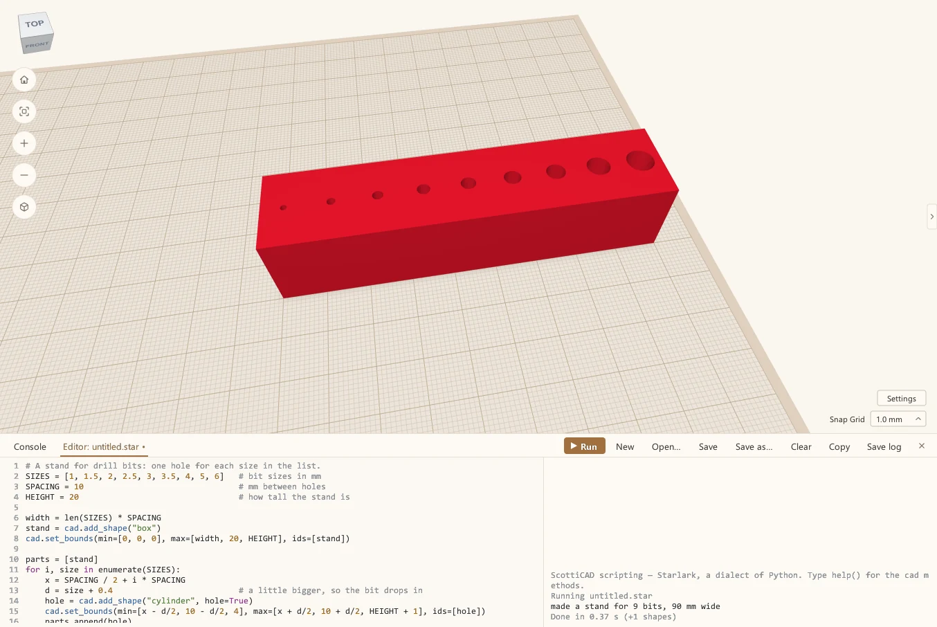 The finished drill bit stand: a red block with nine holes, getting bigger from left to right, and the script in the Editor below.