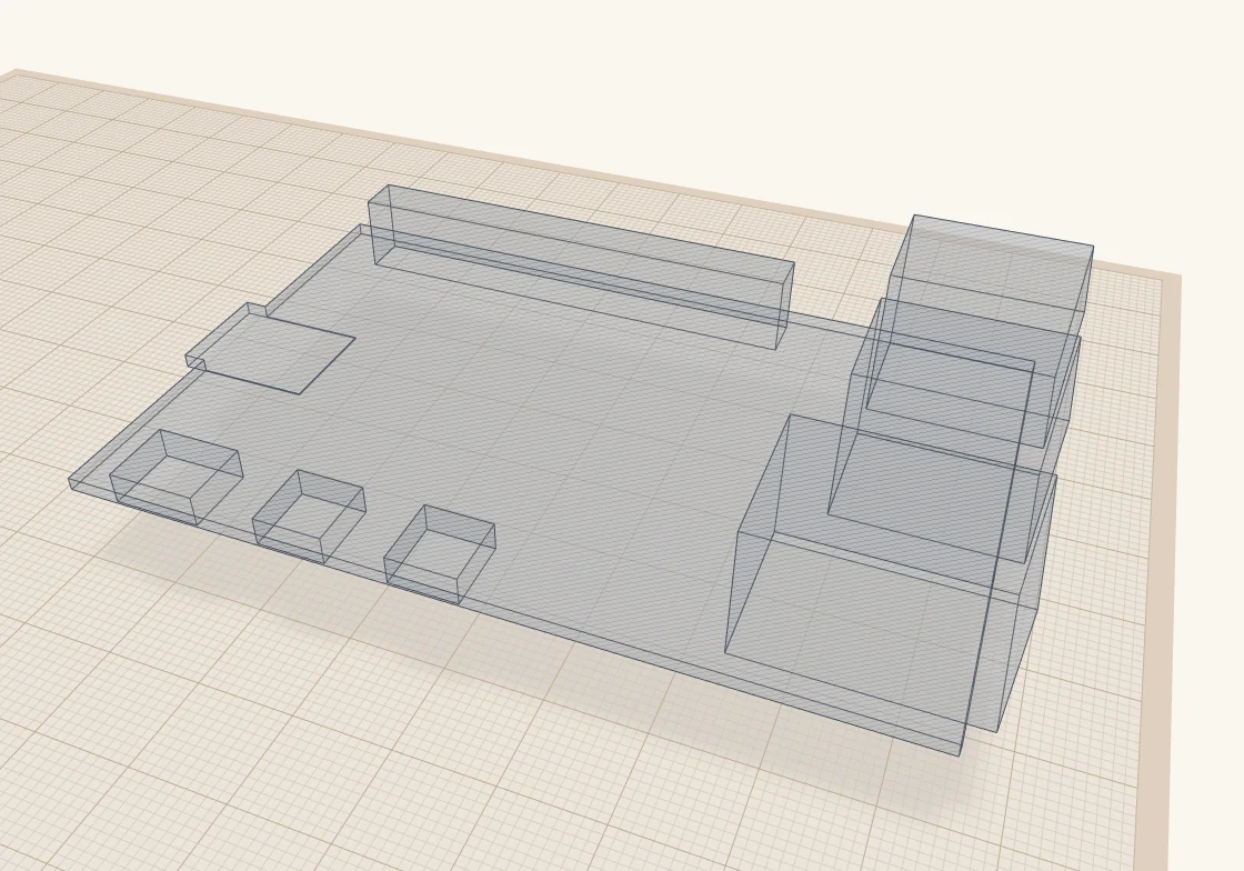 The Pi 5's outline on its own: a thin see-through board with boxes for the USB and Ethernet jacks, the power and HDMI connectors, and the GPIO header.