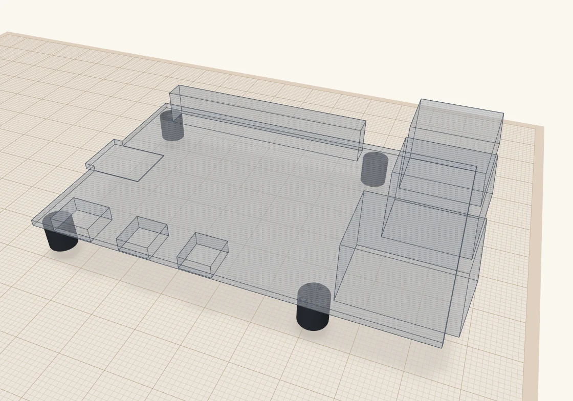 The same outline with four dark standoffs underneath it, one at each mounting hole.