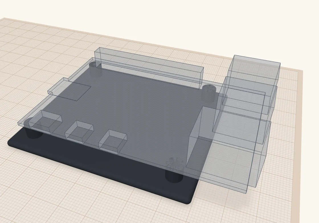 The finished Pi 5 mount: a dark plate with four standoffs, and the see-through board sitting on top of them.