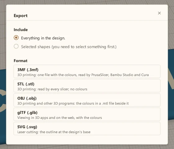 The Export dialog in ScottiCAD, listing 3MF (one file with the colours, read by PrusaSlicer, Bambu Studio and Cura), STL (no colours), OBJ (the colours in a .mtl file beside it), glTF and SVG.