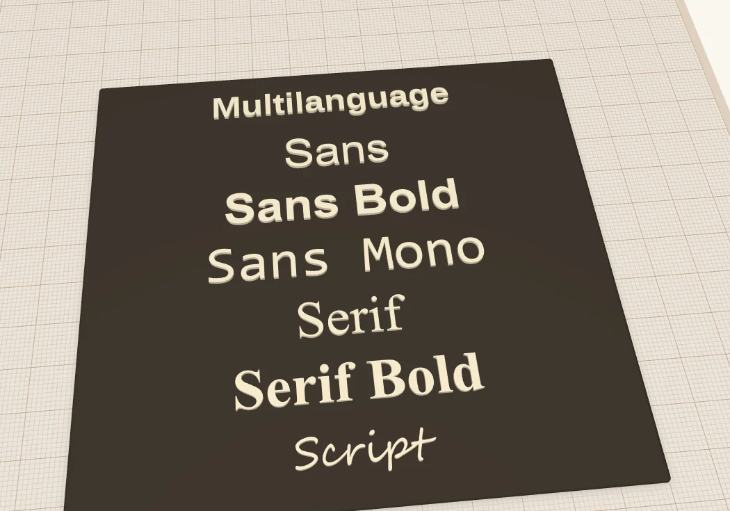 A dark plate with the font names written in their own fonts: Multilanguage, Sans, Sans Bold, Sans Mono, Serif, Serif Bold and Script.