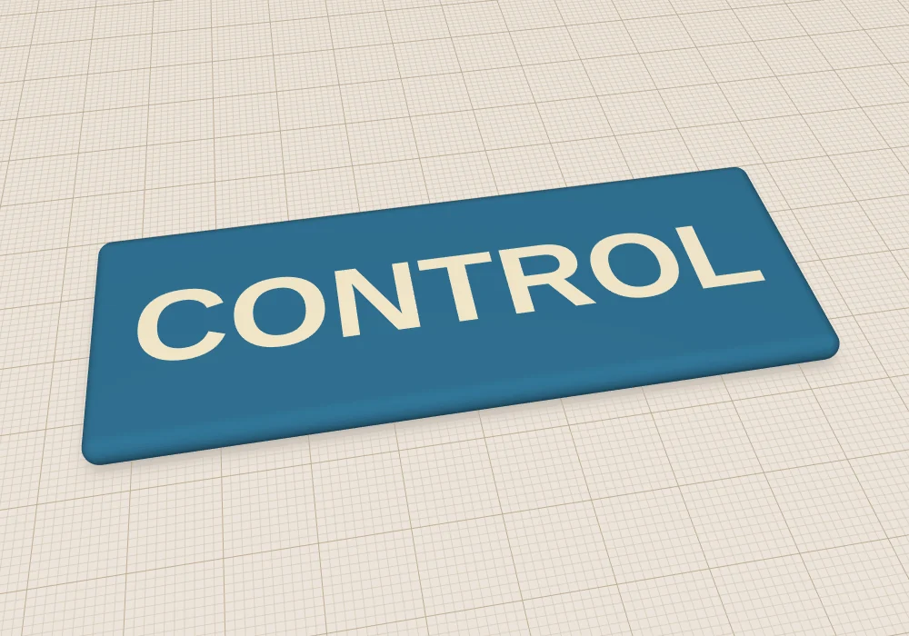 A blue plate with the word CONTROL in cream letters, flush with its surface.