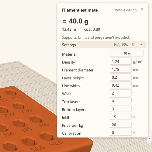 The Filament estimate panel with its settings open: material, density, filament diameter, layer height, line width, walls, top layers, bottom layers, infill, price per kg and calibration.