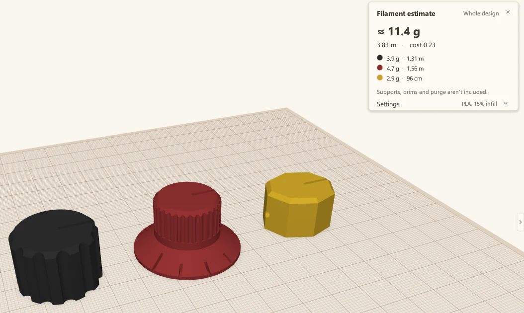 Three knobs on the build plate, with the Filament estimate panel open: about 11.4 g, 3.83 m, in three colours.